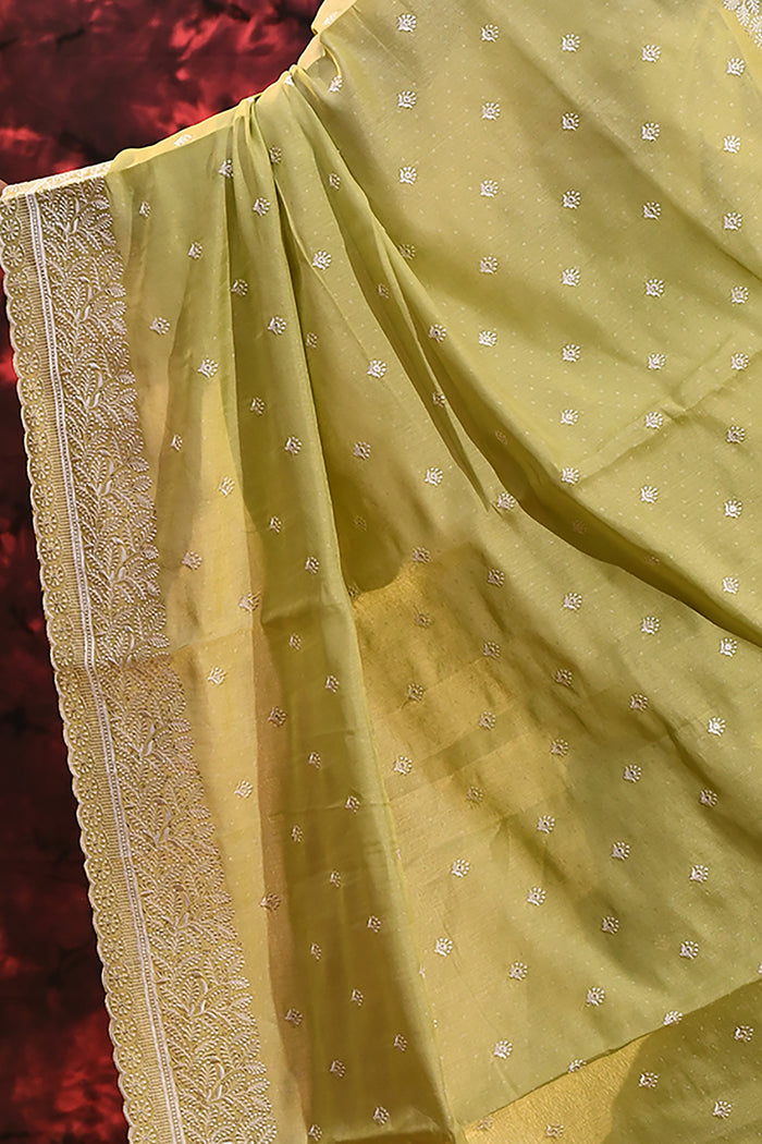 Lime Green Floral Embroidered Silk Blend Saree