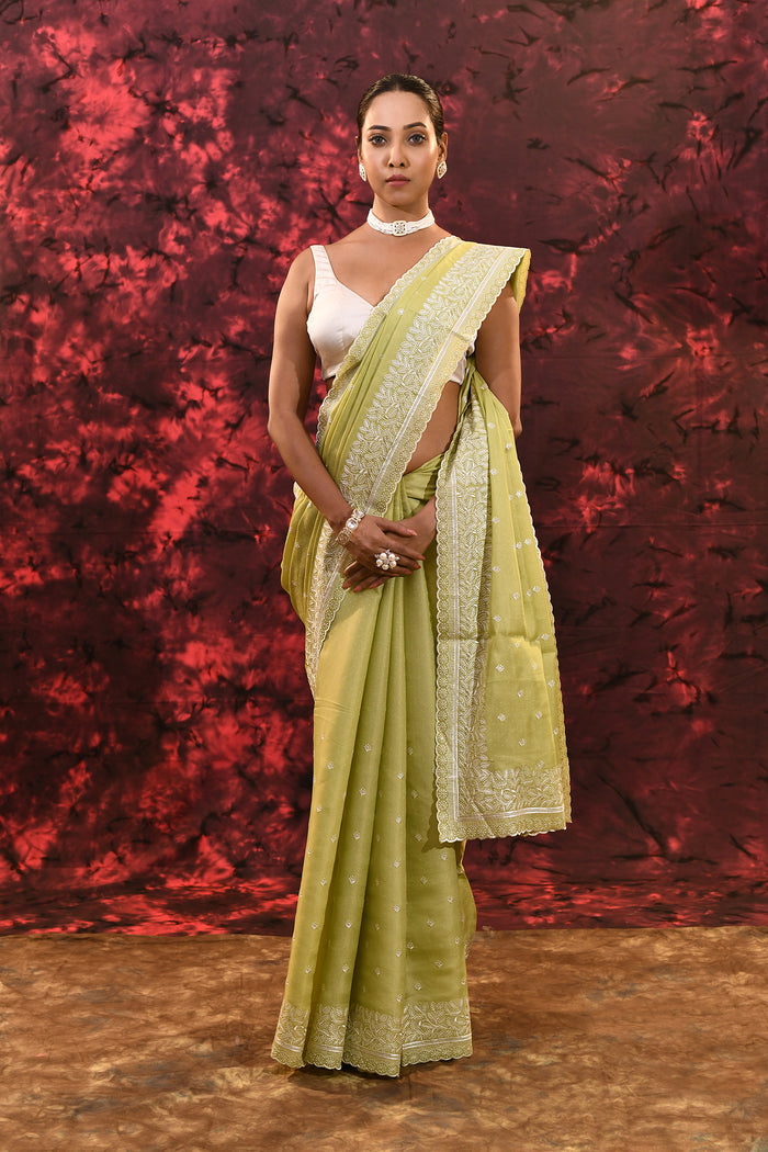 Lime Green Floral Embroidered Silk Blend Saree