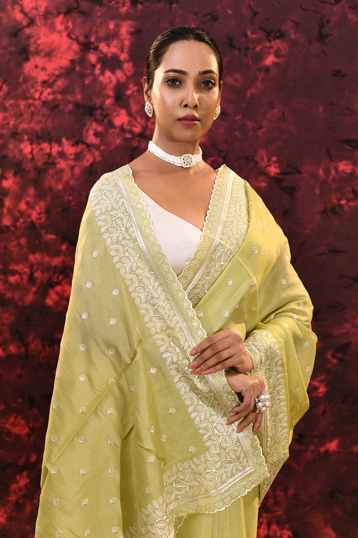 Lime Green Floral Embroidered Silk Blend Saree