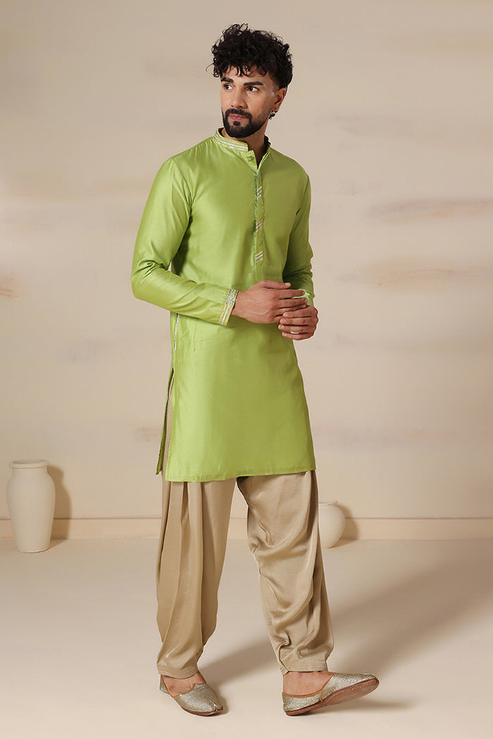 Lime Green Gold Trim Silk Kurta