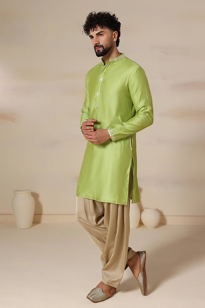 Lime Green Gold Trim Silk Kurta