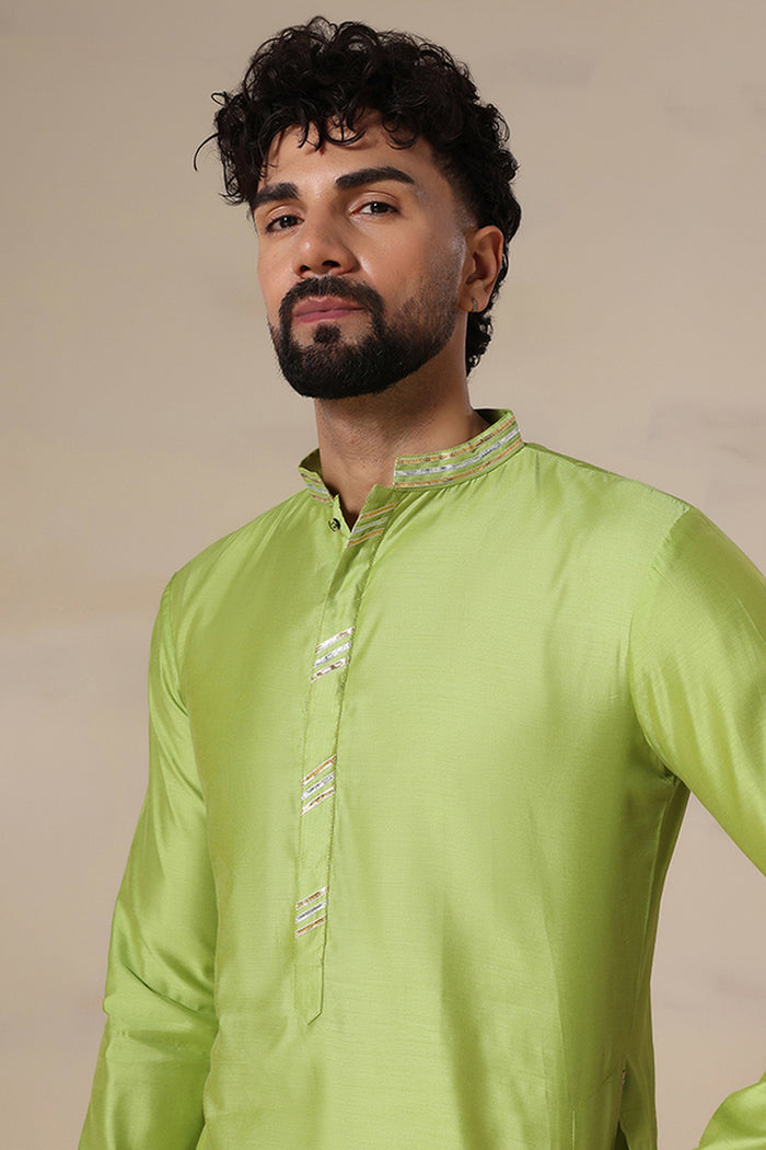 Lime Green Gold Trim Silk Kurta