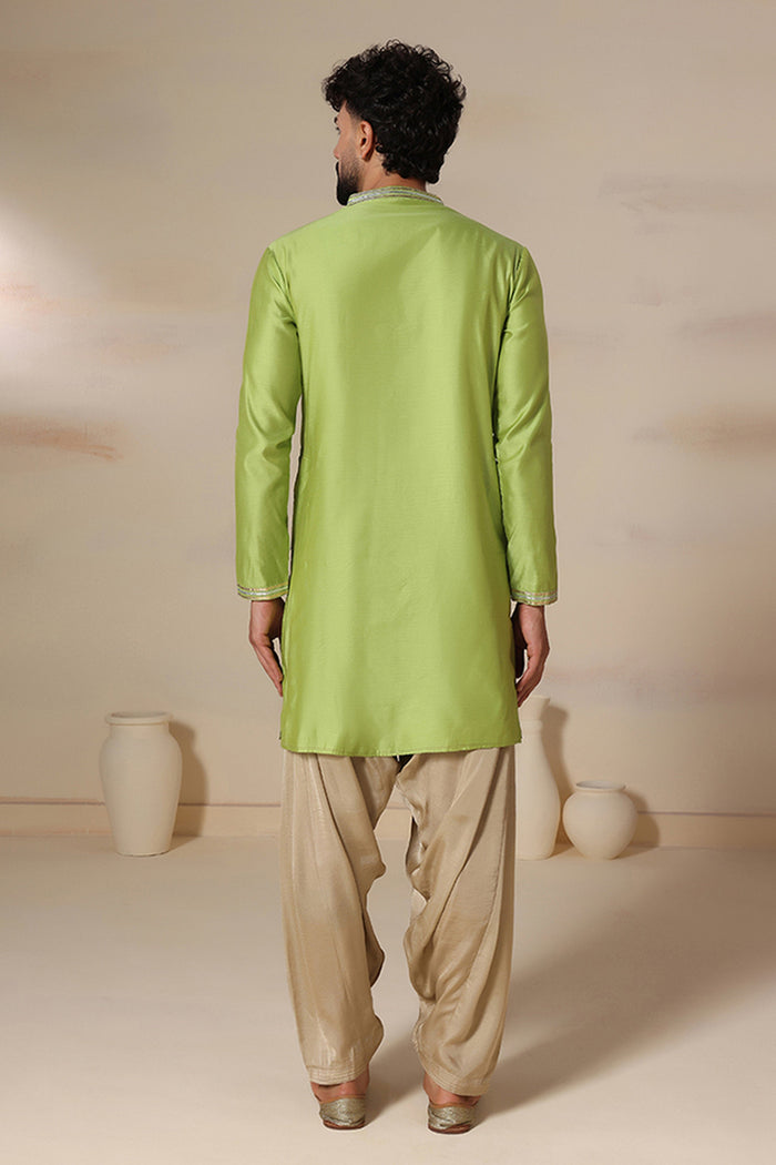 Lime Green Gold Trim Silk Kurta