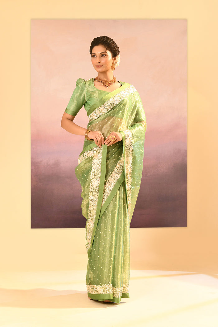 Lime Green Tissue Embroidered Saree