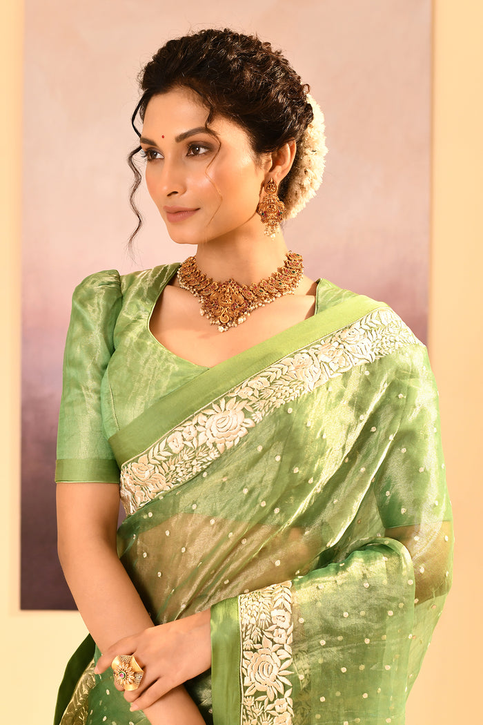 Lime Green Tissue Embroidered Saree