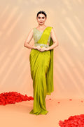 Lime Green Tissue Silk Embroidered Draped Saree