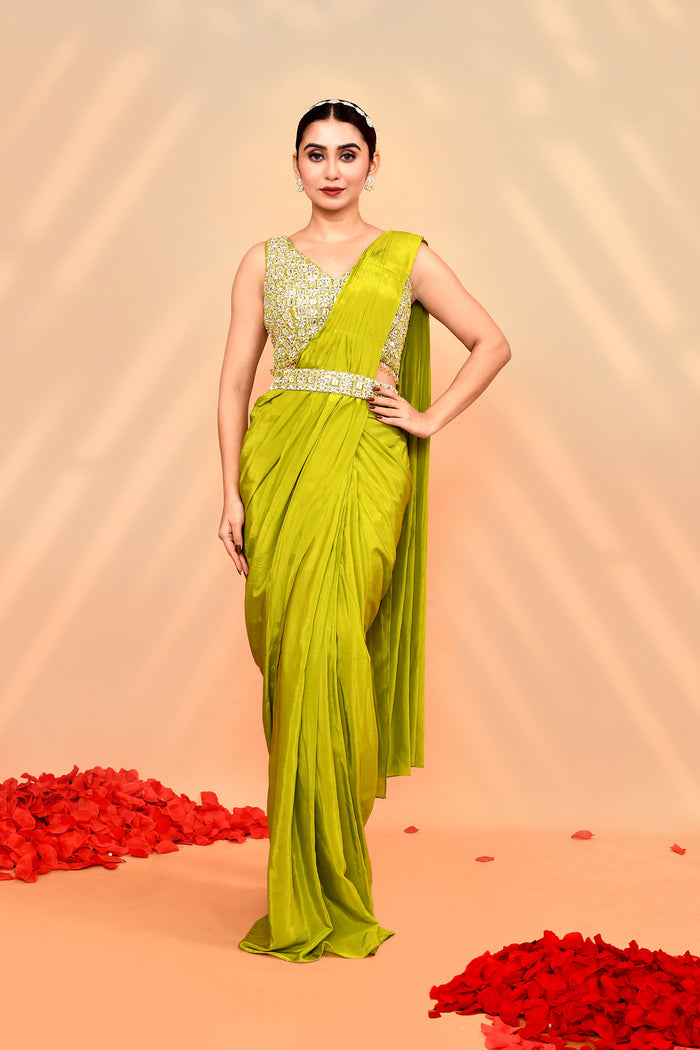 Lime Green Tissue Silk Embroidered Draped Saree