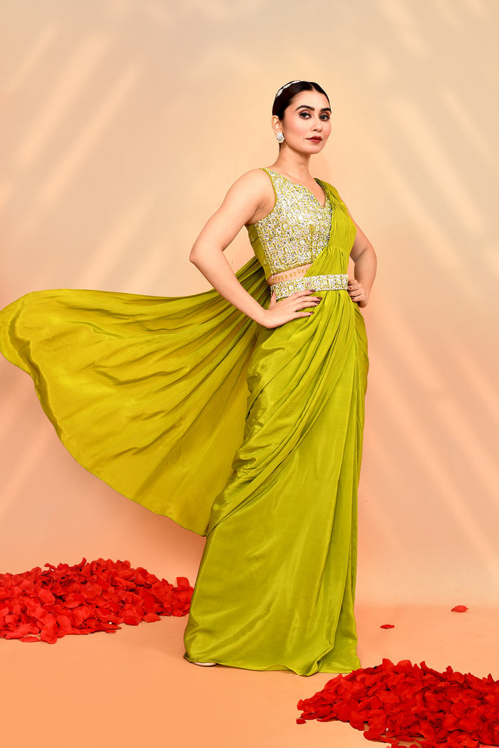 Lime Green Tissue Silk Embroidered Draped Saree