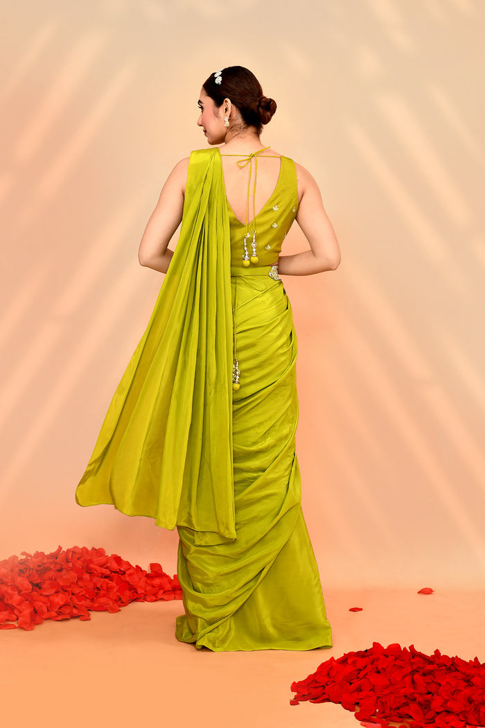 Lime Green Tissue Silk Embroidered Draped Saree