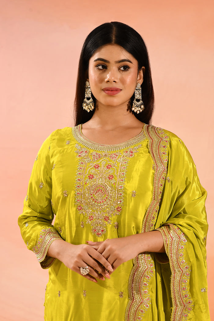 Lime Green Tissue Straight Cut Palazzo Set