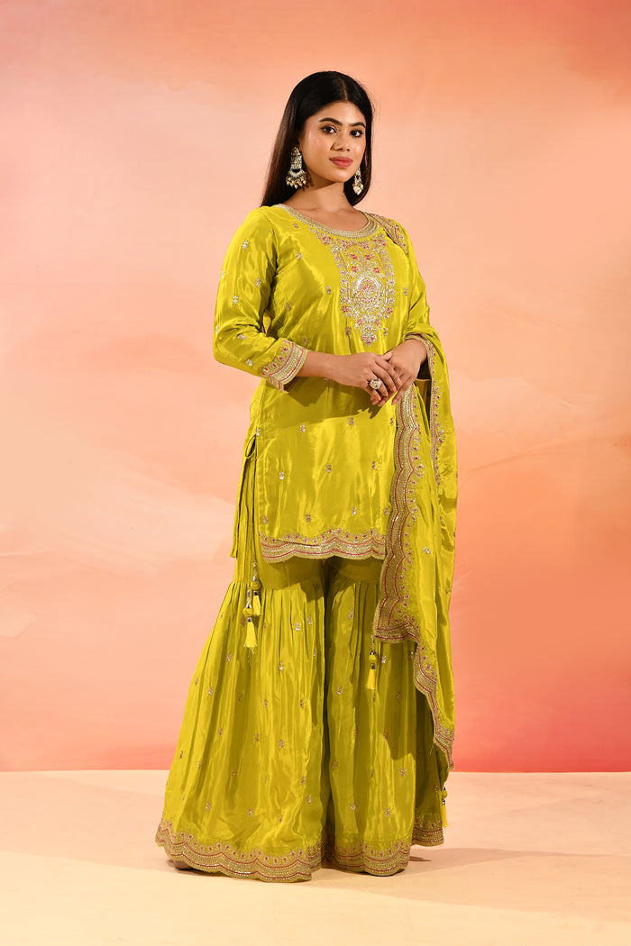 Lime Green Tissue Straight Cut Palazzo Set