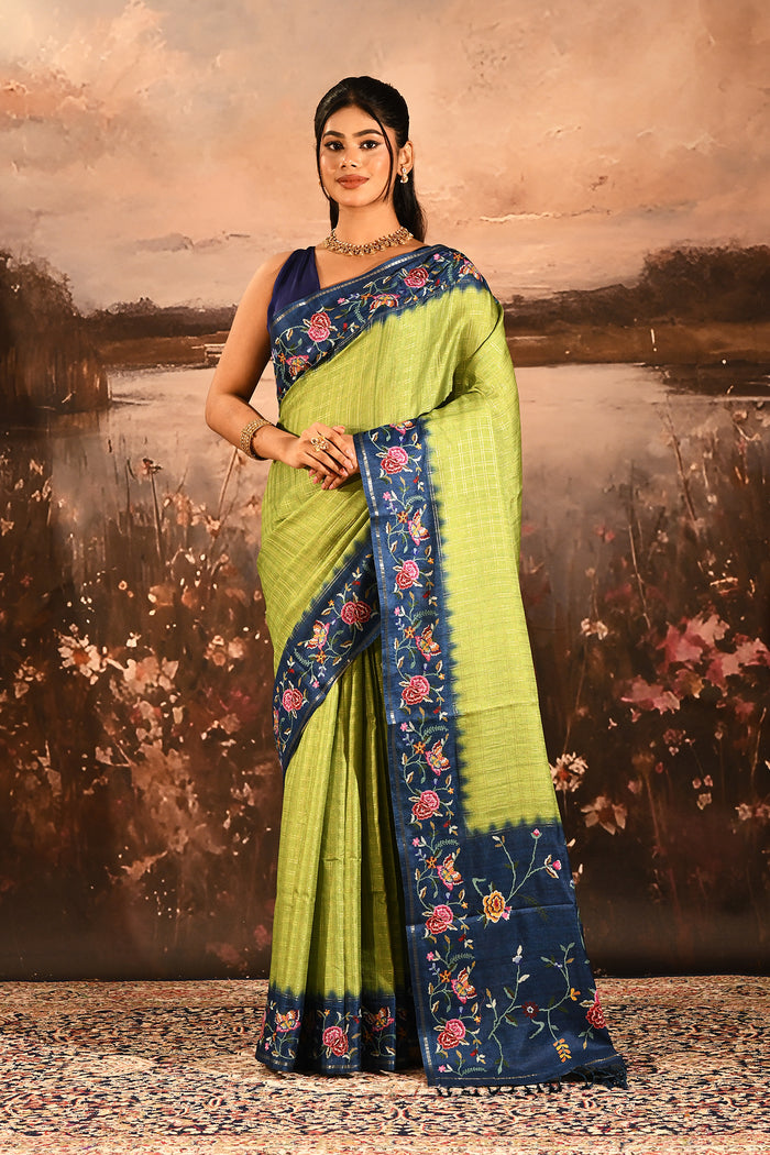 Lime Green With Striped And Navy Floral Border Embroidery Designer Saree