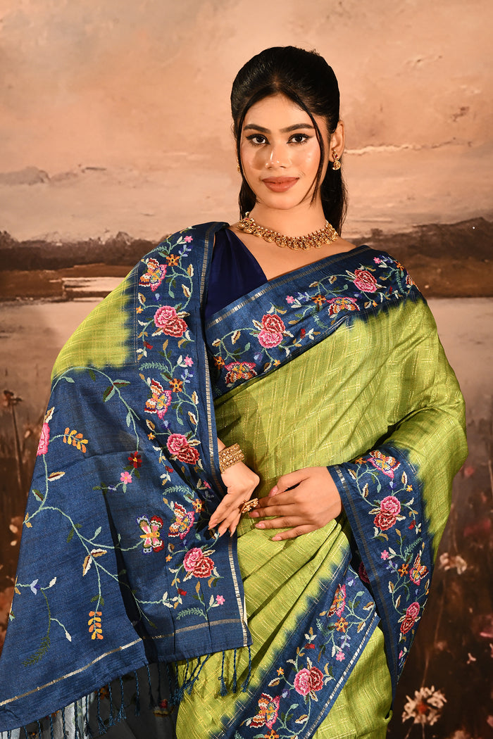 Lime Green With Striped And Navy Floral Border Embroidery Designer Saree