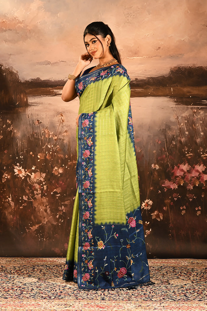 Lime Green With Striped And Navy Floral Border Embroidery Designer Saree