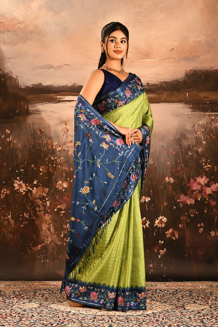 Lime Green With Striped And Navy Floral Border Embroidery Designer Saree