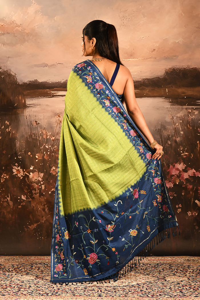 Lime Green With Striped And Navy Floral Border Embroidery Designer Saree