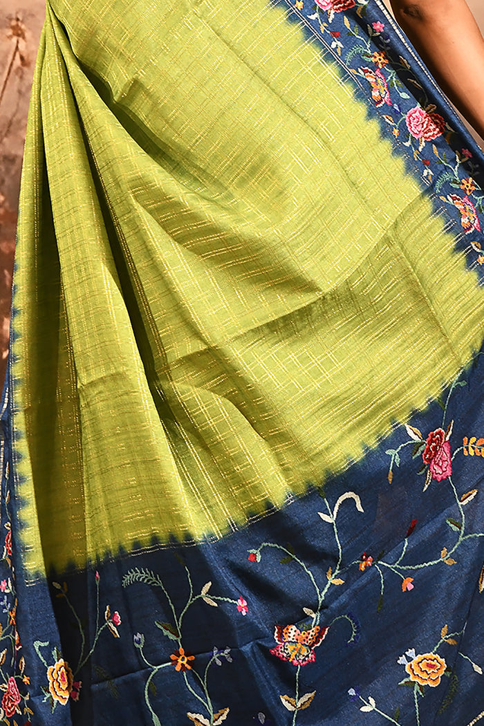 Lime Green With Striped And Navy Floral Border Embroidery Designer Saree