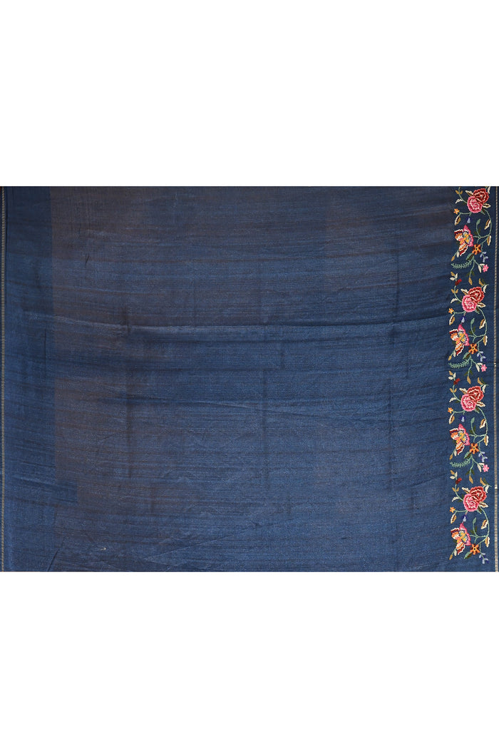 Lime Green With Striped And Navy Floral Border Embroidery Designer Saree
