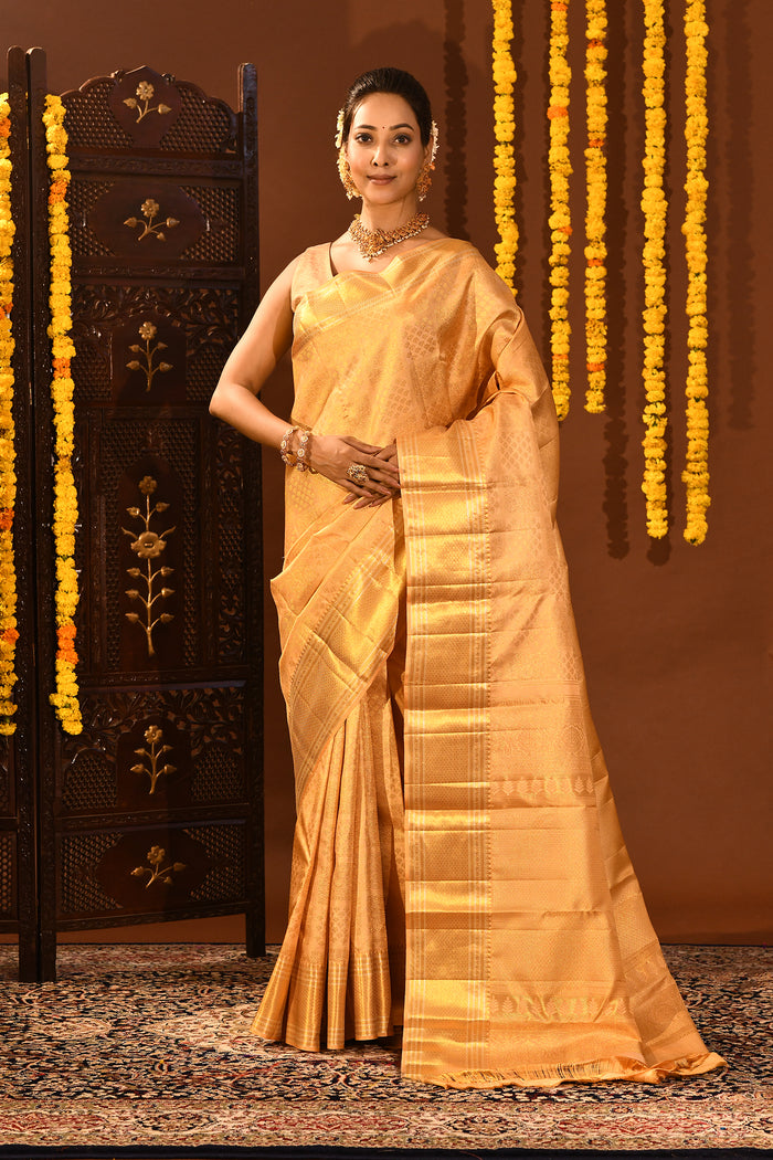 Luminous Light Gold Kanjivaram Silk Saree With All-Over Geometric Brocade