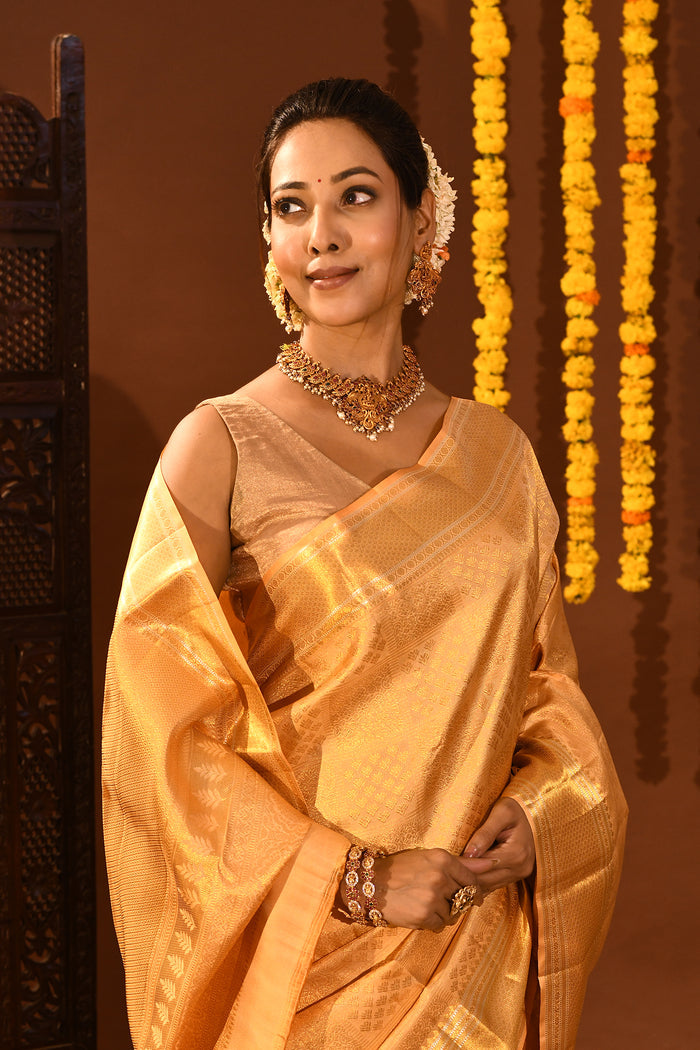 Luminous Light Gold Kanjivaram Silk Saree With All-Over Geometric Brocade