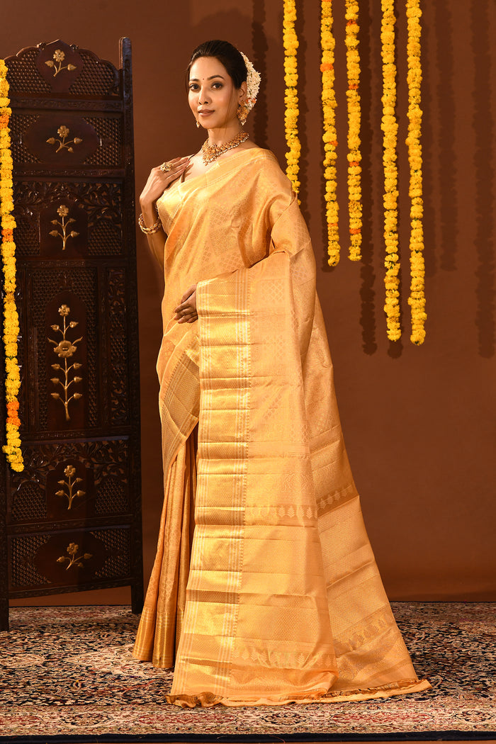 Luminous Light Gold Kanjivaram Silk Saree With All-Over Geometric Brocade