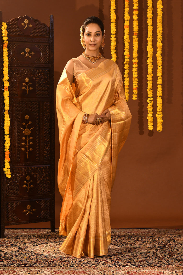 Luminous Light Gold Kanjivaram Silk Saree With All-Over Geometric Brocade