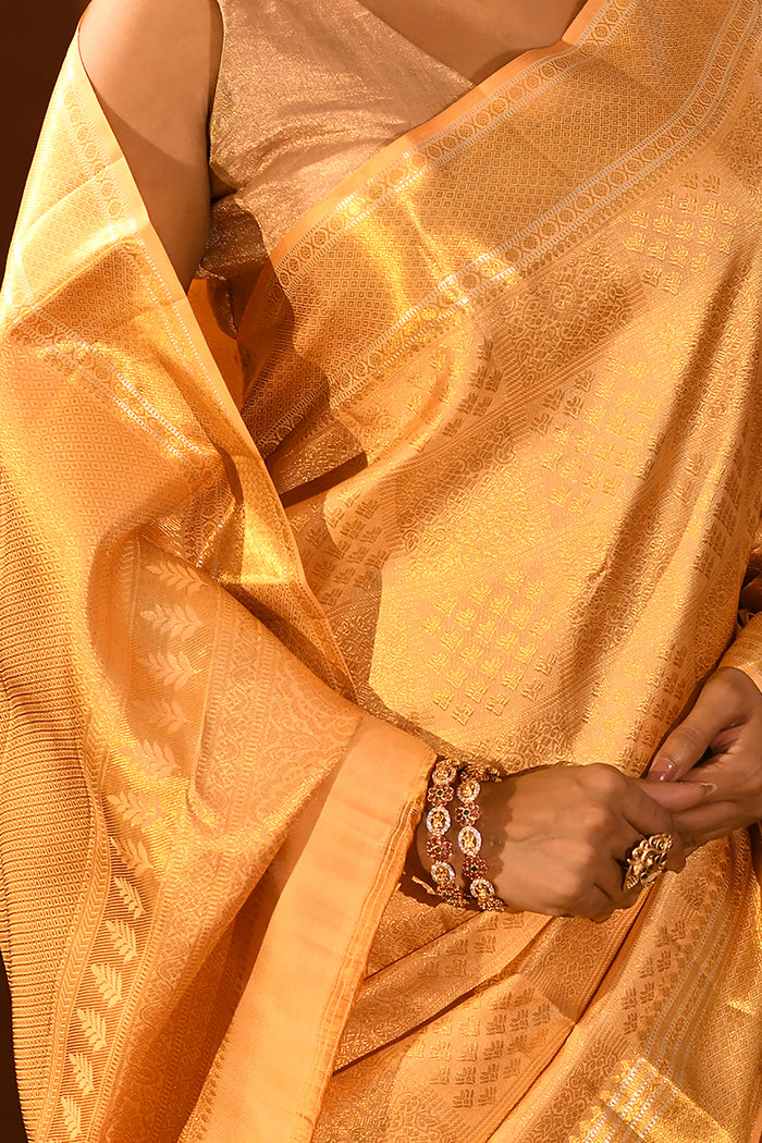 Luminous Light Gold Kanjivaram Silk Saree With All-Over Geometric Brocade
