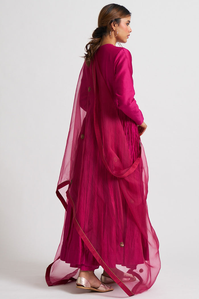 Magenta Crinkled Button Placket Anarkali Set