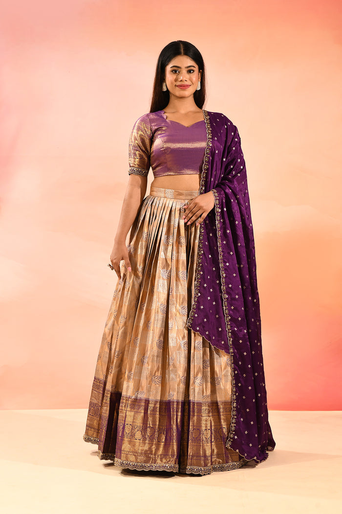 Magenta Gold Banarasi Silk Lehenga With Floral Border Dupatta
