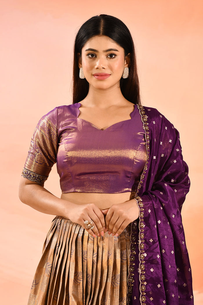 Magenta Gold Banarasi Silk Lehenga With Floral Border Dupatta