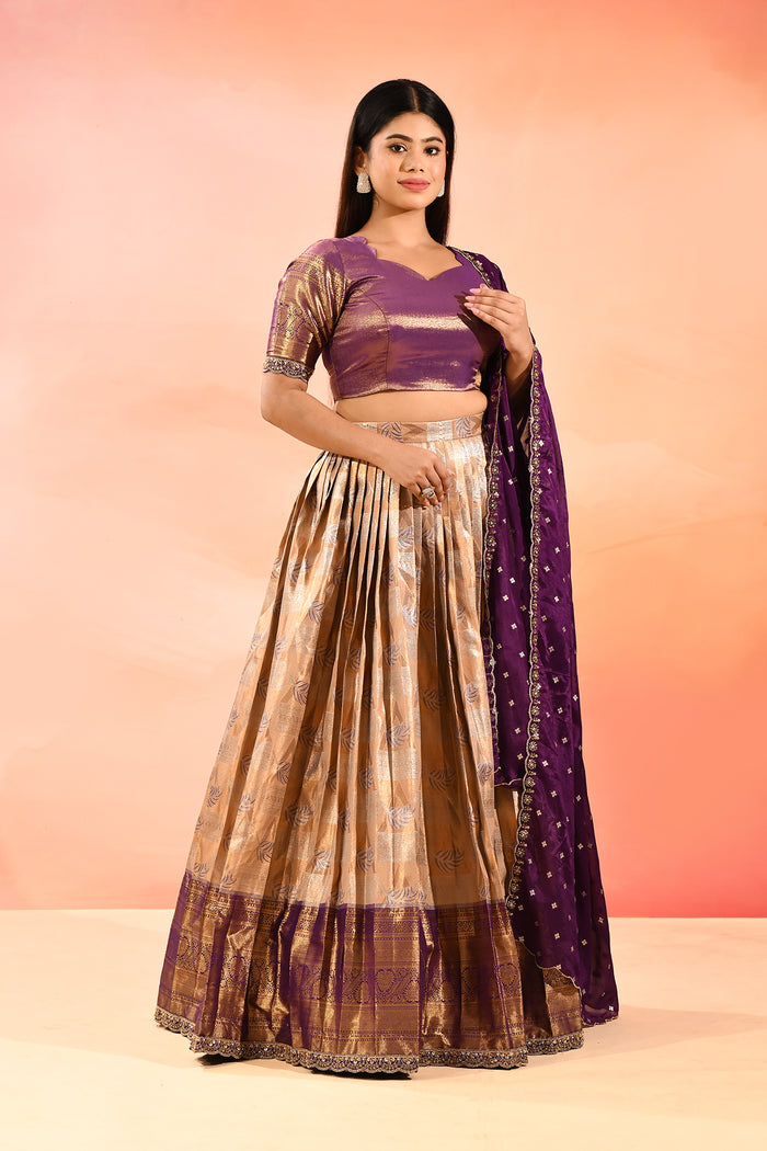 Magenta Gold Banarasi Silk Lehenga With Floral Border Dupatta