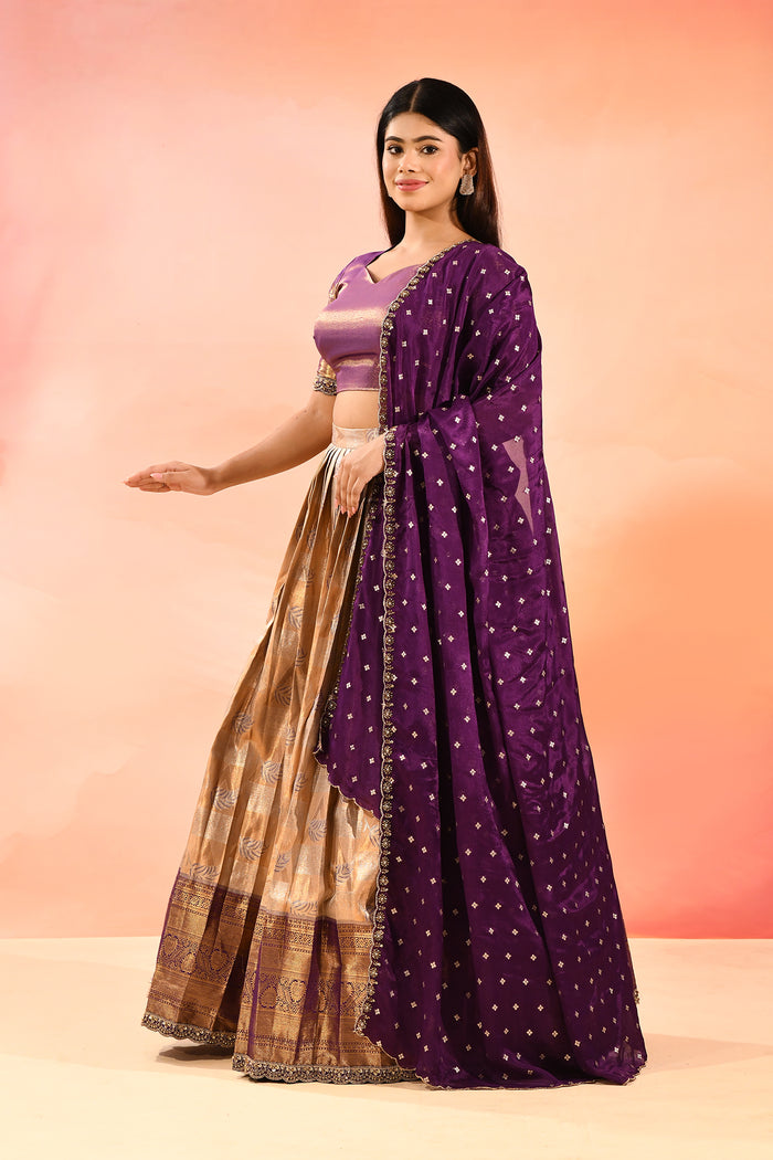 Magenta Gold Banarasi Silk Lehenga With Floral Border Dupatta