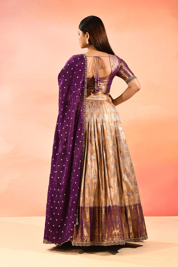 Magenta Gold Banarasi Silk Lehenga With Floral Border Dupatta