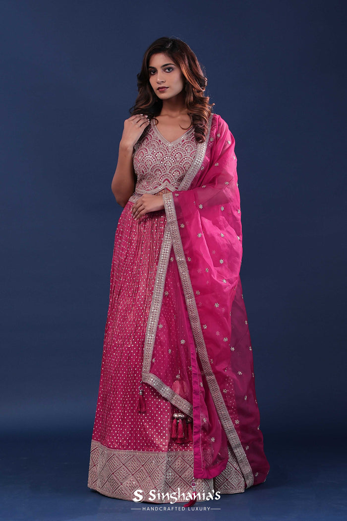 <img> Magenta Pink Banarasi Lehenga Set With Organza Dupatta