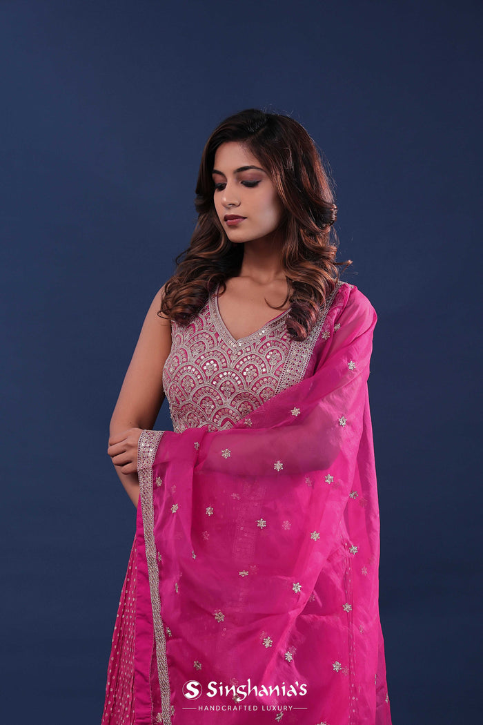 <img> Magenta Pink Banarasi Lehenga Set With Organza Dupatta