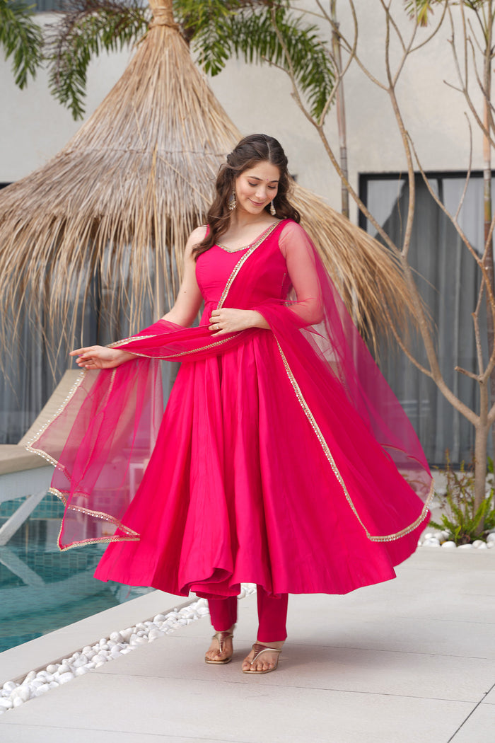 Magenta Pink Chanderi Solid Anarkali Set
