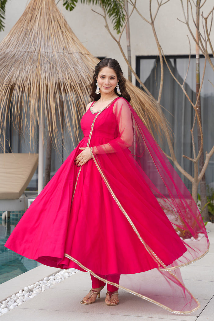 Magenta Pink Chanderi Solid Anarkali Set