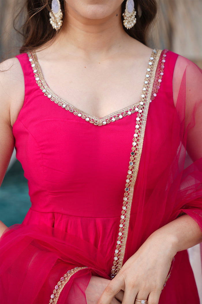 Magenta Pink Chanderi Solid Anarkali Set