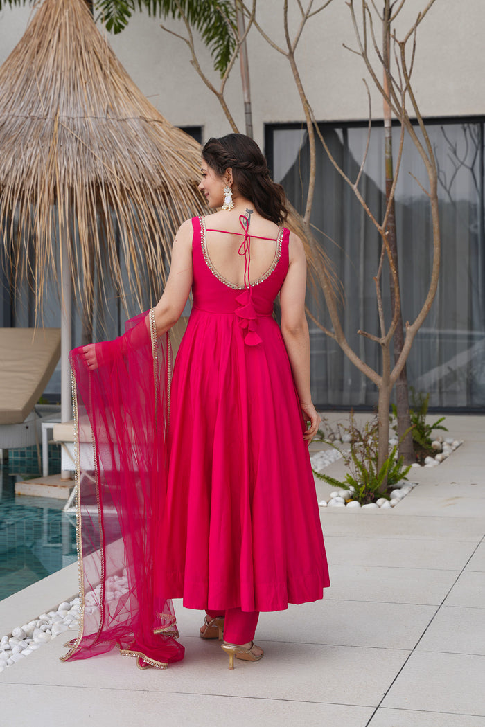 Magenta Pink Chanderi Solid Anarkali Set