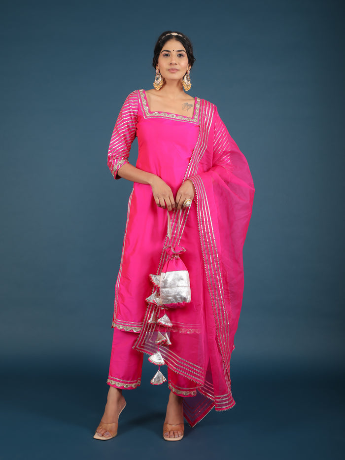 Magenta Pink Metallic Border Organza Tissue Kurti Set