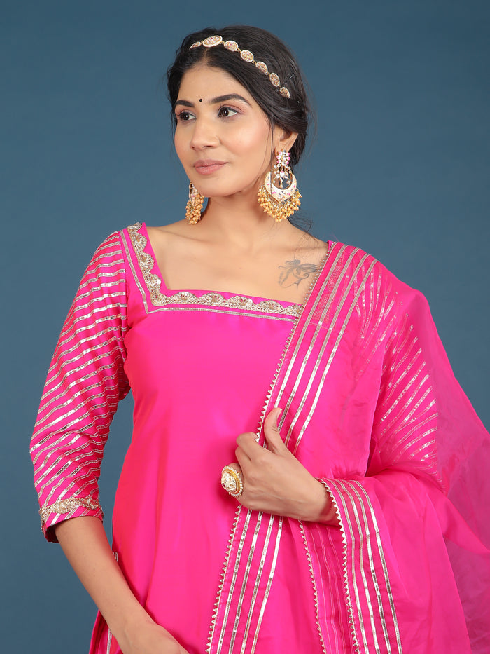 Magenta Pink Metallic Border Organza Tissue Kurti Set