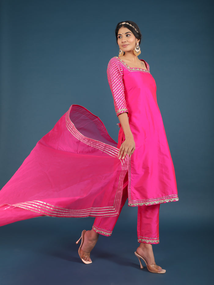 Magenta Pink Metallic Border Organza Tissue Kurti Set