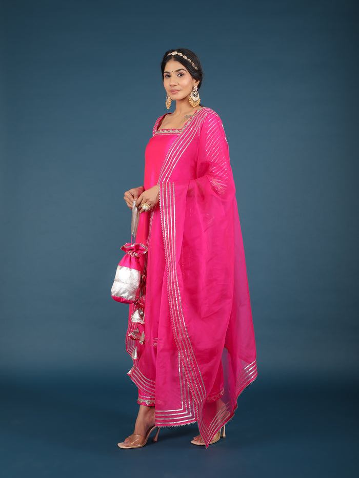 Magenta Pink Metallic Border Organza Tissue Kurti Set