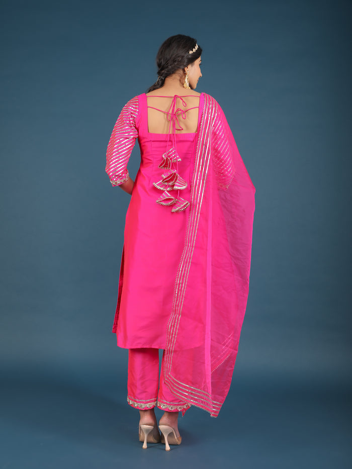 Magenta Pink Metallic Border Organza Tissue Kurti Set