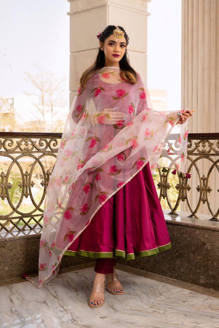 Magenta Rose Printed Silk Blend Anarkali Set With Olive Border