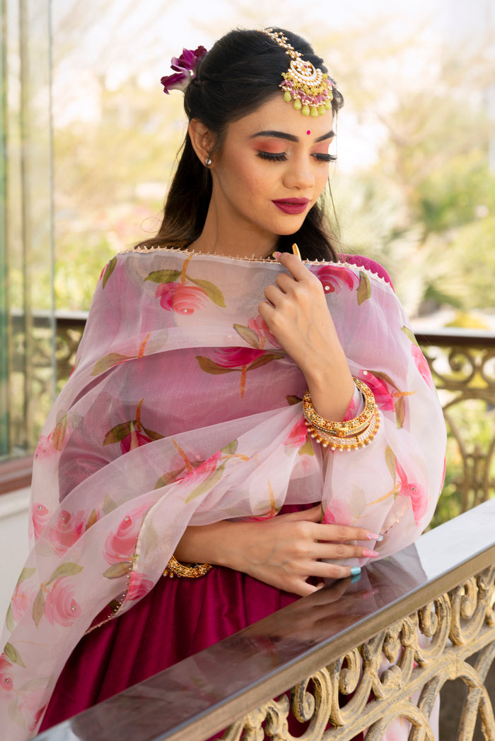 Magenta Rose Printed Silk Blend Anarkali Set With Olive Border