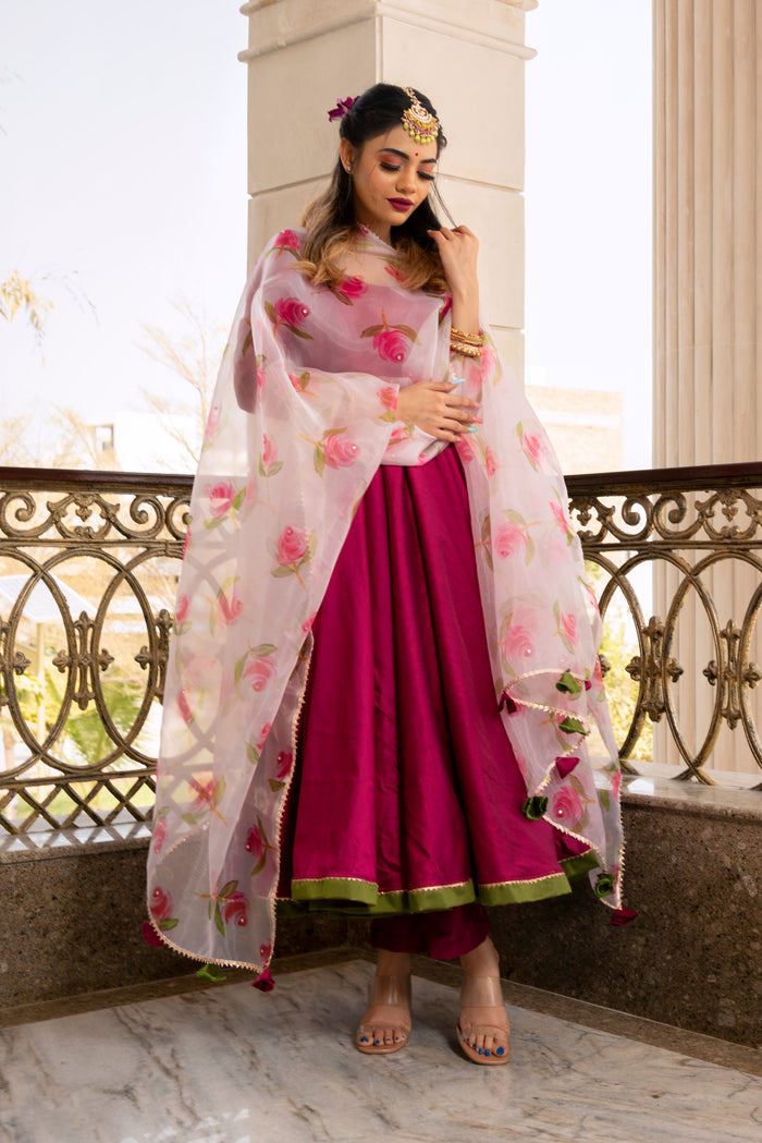 Magenta Rose Printed Silk Blend Anarkali Set With Olive Border
