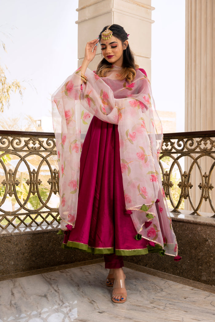 Magenta Rose Printed Silk Blend Anarkali Set With Olive Border