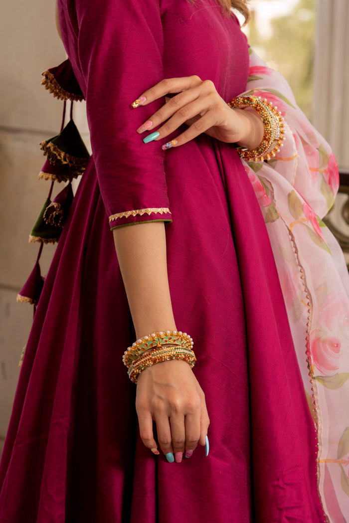 Magenta Rose Printed Silk Blend Anarkali Set With Olive Border