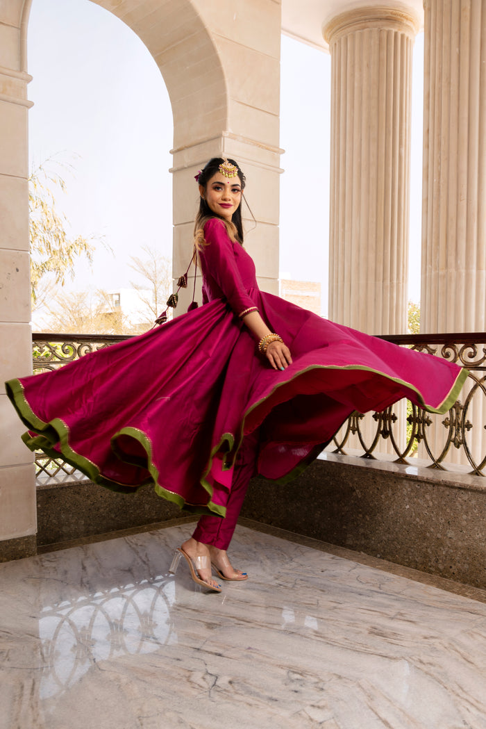 Magenta Rose Printed Silk Blend Anarkali Set With Olive Border